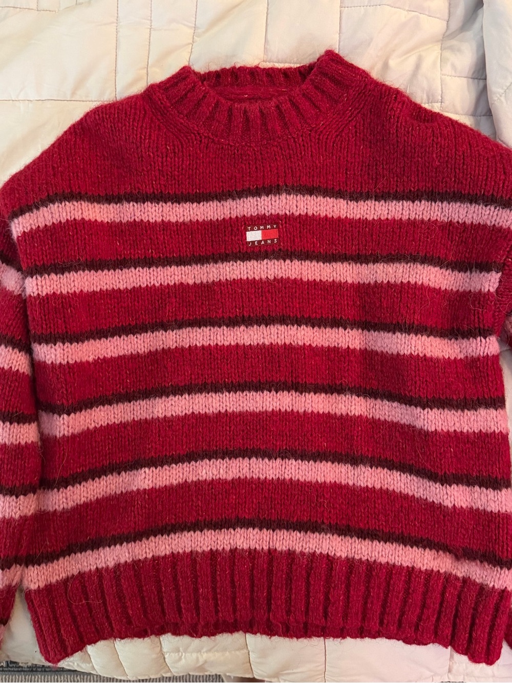 Tommy Hilfiger Red and Pink Striped Crewneck Sweater